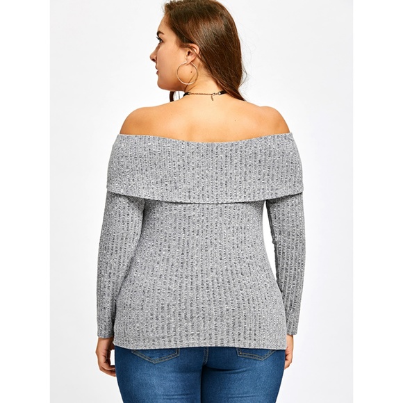 Plus Size Off Shoulder Ribbed Gray Ribbon Top - Picture 5 of 8